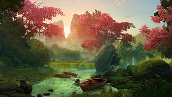 Quad : Enchanted Forest Boatscape, fantasy, forest, boat, landscape, fantasy landscape HD wallpaper