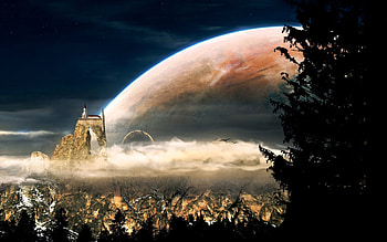 Trees, Fantasy, Sky, Mountains, Clouds, Rock, Building, Forest, Planet HD wallpaper