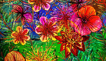 Flowers, blue, colorful, exotic, orange, paper, summer, green, yellow, red, flower, texture, vara, pattern HD wallpaper