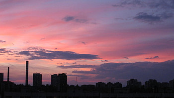 City Sunset, city, graphy, town, suset, shadows, buildings, pink, violet, bulgaria, clouds, nature, sky HD wallpaper