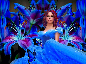 Cinderella Blue, colorful, blue, black, vibrant, girl, purple, butterflies, pink, vivid, bright, bold, flowers, gown HD wallpaper