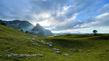Lauenen, Switzerland, clouds, landscape, sky, alps, stones HD wallpaper