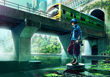 the_city_fishing, anime, boy, city, fishing, train, hat HD wallpaper
