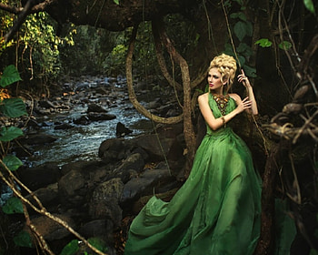 Beauty near the River, trees, river, wwoman, green HD wallpaper