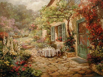 Enjoyment, table, screen door, window, house, table cloth, chairs, blossoms, shutters, trees, flowers HD wallpaper