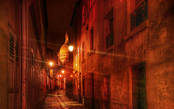 dark cobblestone alley at night r, night, cobblestones, city, lights, alley, r HD wallpaper