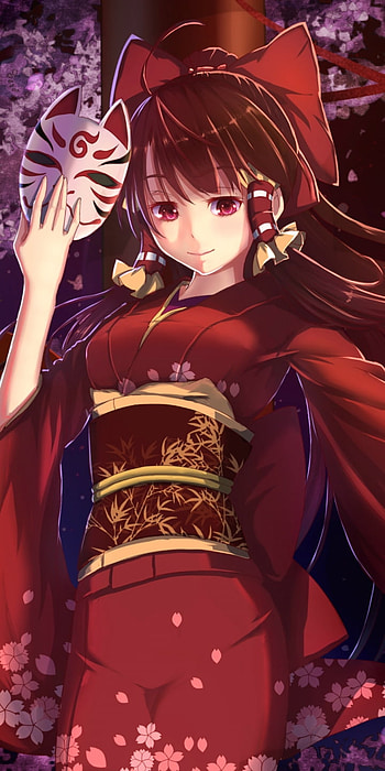 Reimu Hakurei, bow (Clothing), flower, cherry blossom, festival, mask, brown hair, long hair, red eyes, japanese clothes, Reimu Hakurei, Anime, Touhou HD phone wallpaper