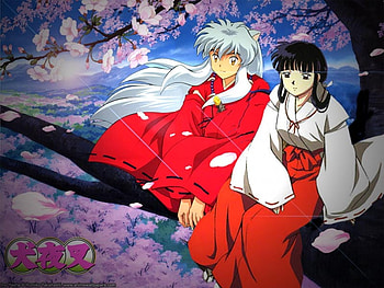 Inuyasha and Kikyou, feudal era, kikyou, sakura, inuyasha, tree HD wallpaper