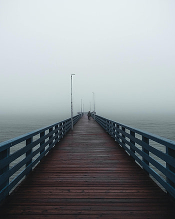 Sea, Pier, Miscellanea, Miscellaneous, Fog, Human, Person, Loneliness HD phone wallpaper