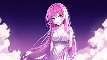 Blue Eyes Long Purple Hair Anime Girl With White Dress In Purple Sky Background Anime Girl HD wallpaper