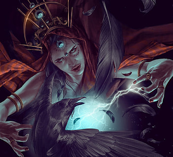 Witch, girl, blue, spell, bird, art, zillah, satine, raven, view from the top, fantasy, red, redhead HD wallpaper