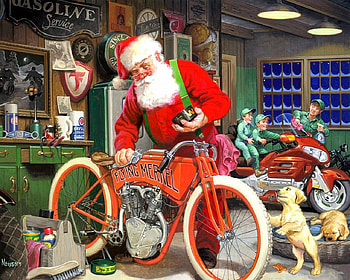 Santa, red, bike, caine, dog, craciun, art, man, bycicle, old, puppy, christmas HD wallpaper