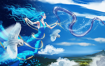 Nimrodel, bird, bufnita, dragon, girl, elf, owl, blue, white, fantasy, luminos HD wallpaper