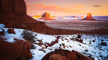Winter in a Monumental Valley, Navajo Nations, Arizona, snow, usa, colors, landscape, clouds, sky, sunset HD wallpaper