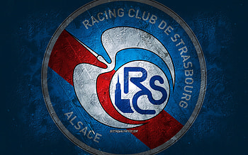 RC Strasbourg Alsace, French football team, blue background, RC Strasbourg Alsace logo, grunge art, Ligue 1, France, football, RC Strasbourg Alsace emblem HD wallpaper