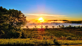 Misty sunrise over Lake of Jacomo, Missouri, hills, colors, trees, sky, sun, usa HD wallpaper