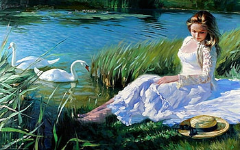 Visit to a river, blue, river, white, art, girl, beauty, painting, green, nature, water, geese HD wallpaper
