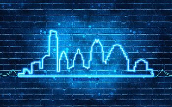 Austin blue neon silhouette, , blue neon lights, Austin skyline silhouette, blue brickwall, american cities, neon skyline silhouettes, USA, Austin silhouette, Austin HD wallpaper