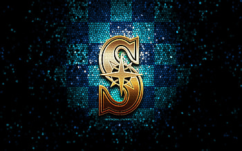Seattle Mariners emblem, glitter logo, MLB, blue checkered background, american baseball team, Major League Baseball, mosaic art, baseball, Seattle Mariners HD wallpaper