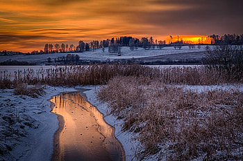 January Sunset, river, snow, landscape, clouds, colors, sky HD wallpaper