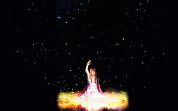 LIGHTS, night, magic, beautiful, stars, long hair, dress, beauty, white dress, anime, fantasy, cool, brown hair, women, sky, female HD wallpaper