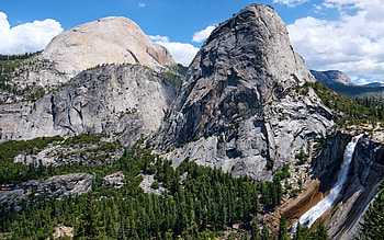 Half Dome, Liberty Cap, and Nevada Falls from the John Muir Trail, california, clouds, waterfall, sky, yosemite, usa HD wallpaper