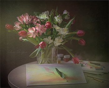 Beautiful still life, graphy, vase, colors, beautiful, tulips, beauty, still life, painting, papers, flowers, pencil, leaf, harmony HD wallpaper