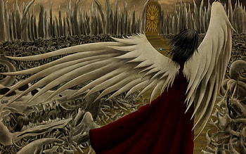 wicked angel, wings, bones, fantasy, red, angel, skulls HD wallpaper
