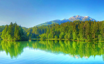 Mirror Lake, blue, mirror, mountain, lake, daylight, day, reflection, green, clouds, trees, nature, sky, water, forest HD wallpaper