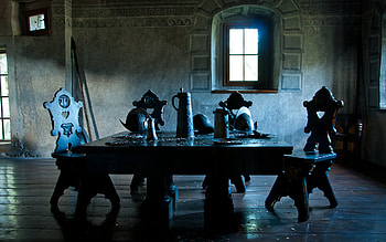 Orava castle, table, window, armour, dark, knights, medieval, coins, money, castle, wooden floor HD wallpaper