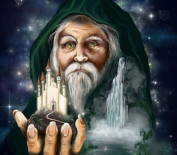 Wizard, night, magic, seer, stars, castle HD wallpaper
