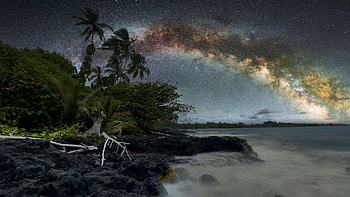 Maui, Hawaii, sea, clouds, sky, stars, milky way, rocks, usa, palm trees HD wallpaper