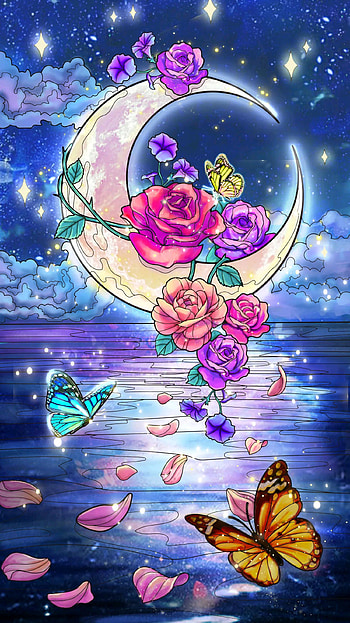 Butterfly Moon, fantasy, petal, beauty, blue, full_moon HD phone wallpaper