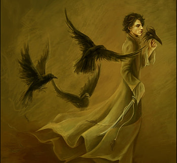Conspiracy of Ravens, sword, ninja, alone, digital art, lonely, sad, raven, crow, fantasy, cg, sensual HD wallpaper