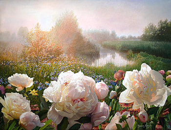 Peonies, flower, peony, garden, vara, zbigniew kopania, lake, bujor, art, summer, painting, pictura HD wallpaper