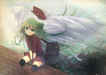 ~The Hesitant Angel~, feathers, angel, long hair, white wings, brick wall, anime, green hair, green eyes, lovely, hat HD wallpaper