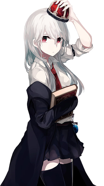 thigh highs, tie, white hair, red eyes, long hair, book, crown, Anime, Original HD phone wallpaper