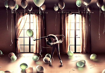 Dancing Zodiac ~ Libra, windows, art, aquasixio, libra, ballerina, balloons, dancing, fantasy, zodiac, green HD wallpaper