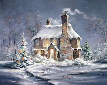 Winter Retreat, rabbits, house, chimneys, fresh, painting, snow, lights, fence, smoke, crisp, decorations, trees HD wallpaper