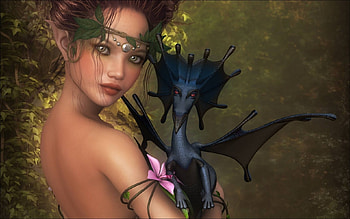 Girl with dragon, rendering, black, fantasy, dragon, girl HD wallpaper