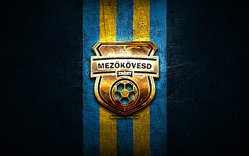 Mezokovesd Zsory FC, golden logo, OTP Bank Liga, blue metal background, football, hungarian football club, Mezokovesd Zsory logo, Hungary, Mezokovesdi SE HD wallpaper
