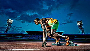 usain bolt the fastest man in the world, night, stadium, runner, blocks, track HD wallpaper