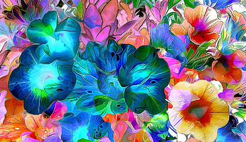 Flowers, blue, art, poster, pink, painting, pictura, flower, green, yellow, texture HD wallpaper