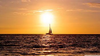 sunset at sea, boat, beauty, wet, reflection, water, sun, ocean, sunset, sunshine, golden, sea, sailboat, yellow, clouds, sailing, nature, sky HD wallpaper