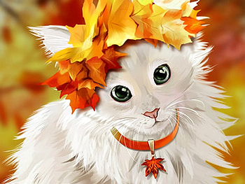 Kitten, animal, white, lorri kajenna, art, cat, orange, pisica, autumn, leaf, luminos, wreath HD wallpaper