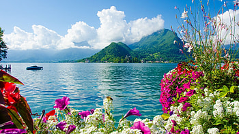 Spring at the lake, blossoms, clouds, sky, flowers, mountains, water HD wallpaper