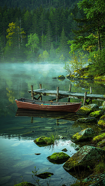 Misty Dock Hideaway — Fishing, Lake, Forest HD phone wallpaper