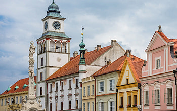 Trebon, Czechia, town, tower, monument, clock, Czechia, houses HD wallpaper