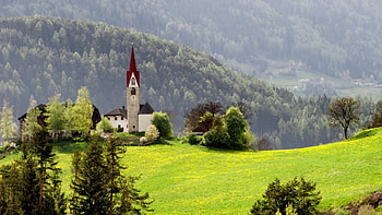 beautiful chapel in the valley, church, forest, valley, mountain HD wallpaper