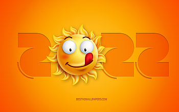 2022 New Year, , Happy New Year 2022, 2022 yellow 3d background, 3d 2022 art, 3d sun smile, 2022 concepts, sun funny emotions, 2022 sun background HD wallpaper